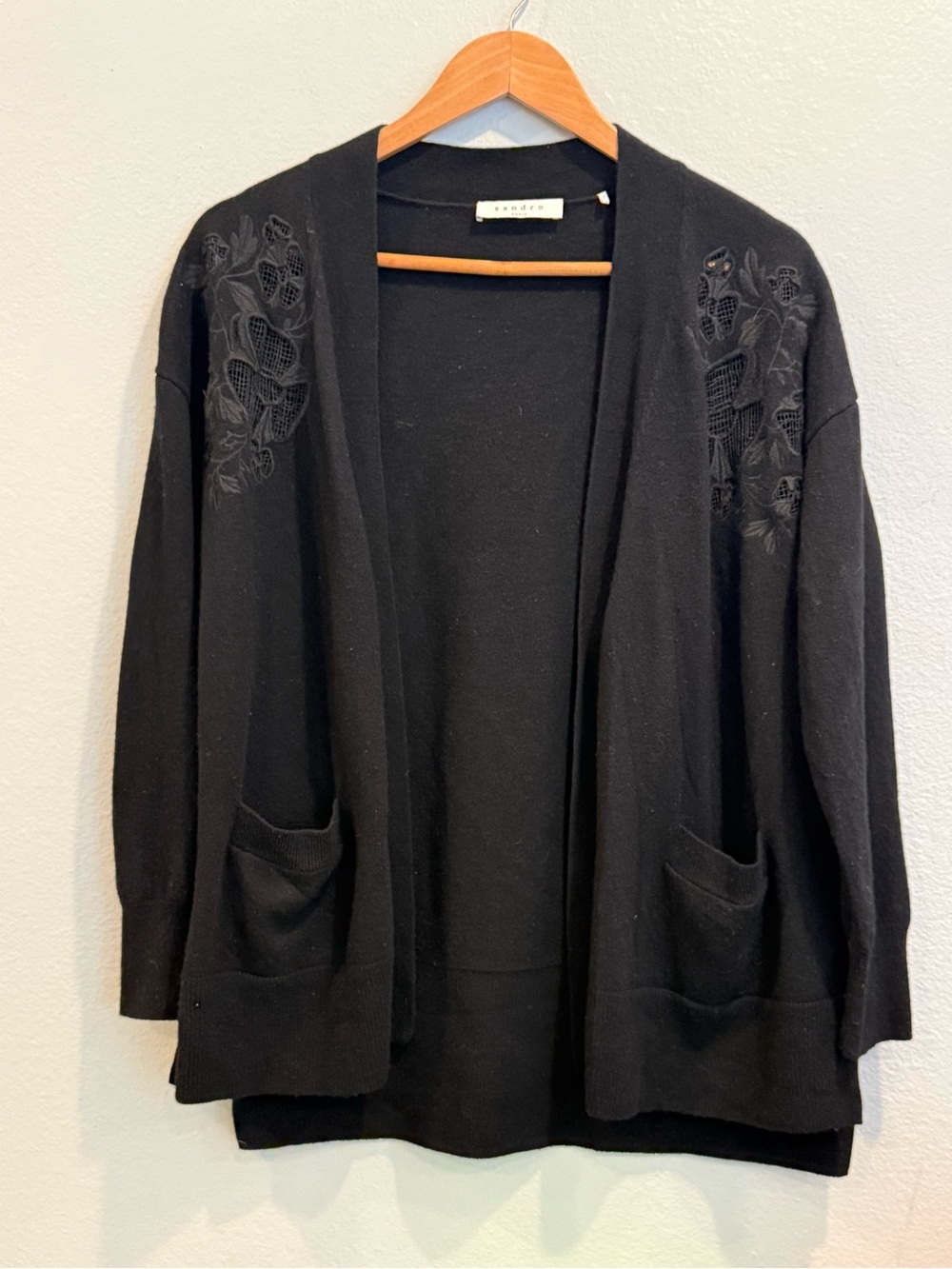 Sandro Black Embroidered Open-Front Cardigan black size 1